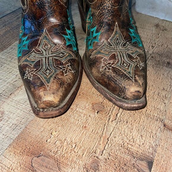 Corral Womens Whiskey Turquoise Blue Cross Brown Embroidered Western Boots - Picture 6 of 16